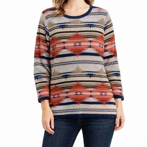 Allison Daley Petite Southwest Print Crew Neck Sweater PM Medium